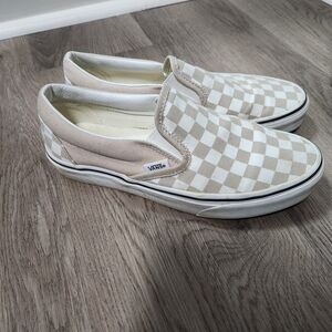 Vans Classic Slip-On Checkerboard Sneakers in Beige and White
